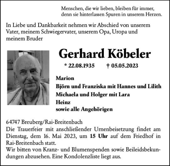 Traueranzeige von Gerhard Köbeler von Odenwälder Echo