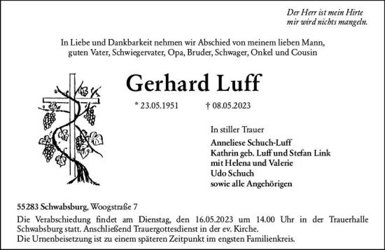 Traueranzeige von Gerhard Luff von Allgemeine Zeitung Mainz