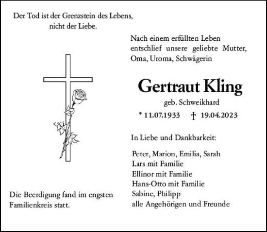 Traueranzeige von Gertraut Kling von Allgemeine Zeitung Bingen/Ingelheim