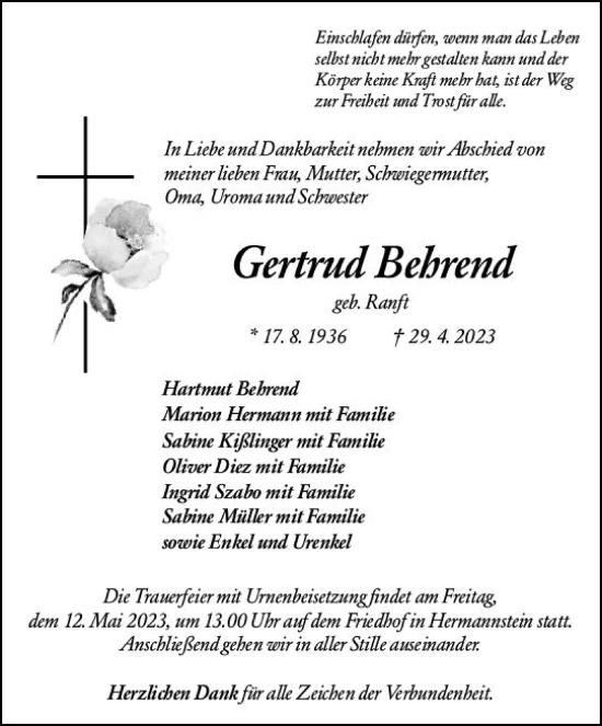 Traueranzeige von Gertrud Behrend von Wetzlarer Neue Zeitung