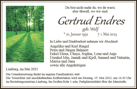 Traueranzeige von Gertrud Endres von Nassauische Neue Presse