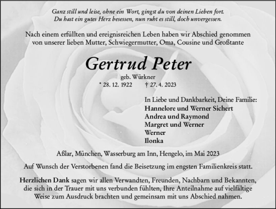 Traueranzeige von Gertrud Peter von Wetzlarer Neue Zeitung