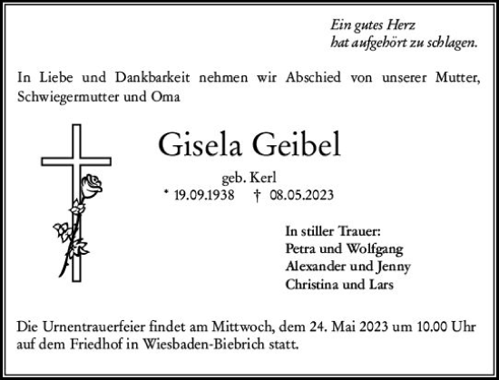 Traueranzeige von Gisela Geibel von Wiesbadener Kurier