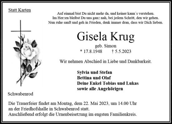 Traueranzeige von Gisela Krug von VRM Trauer