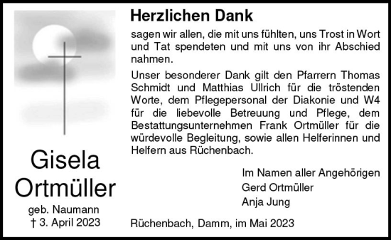 Traueranzeige von Gisela Ortmüller von Hinterländer Anzeiger