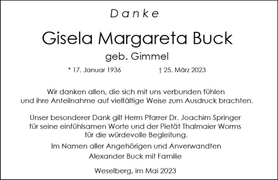 Traueranzeige von Gisela Margareta Buck von Wormser Zeitung