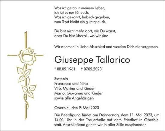 Traueranzeige von Giuseppe Tallarico von Wetzlarer Neue Zeitung