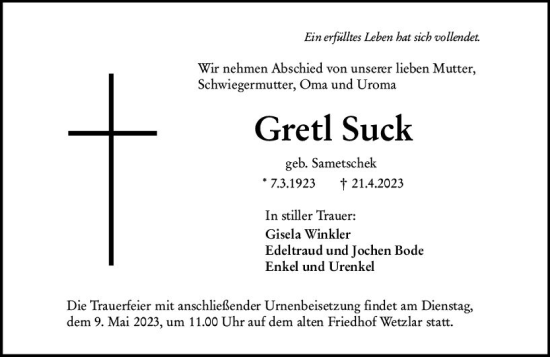 Traueranzeige von Gral Suck von Wetzlarer Neue Zeitung