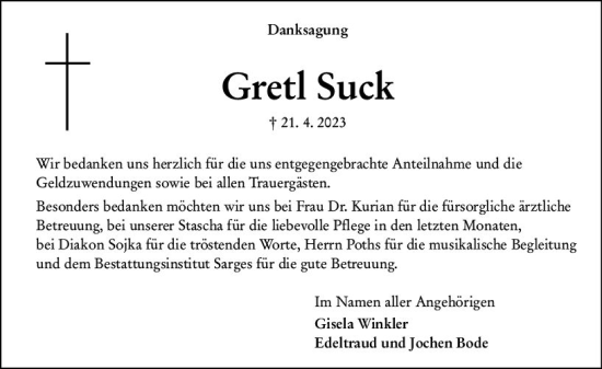 Traueranzeige von Gral Suck von Wetzlarer Neue Zeitung