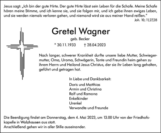 Traueranzeige von Gretel Wagner von Hinterländer Anzeiger