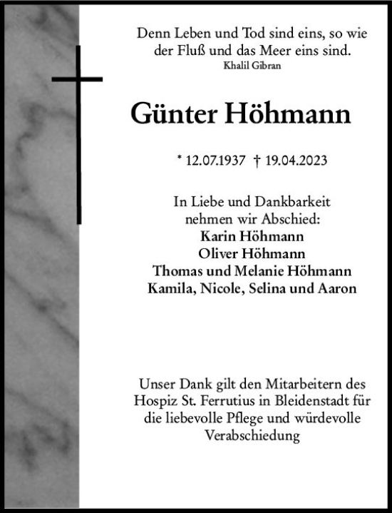 Traueranzeige von Günter Höhmann von Wiesbadener Kurier