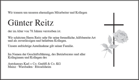 Traueranzeige von Günter Reitz von Wiesbadener Kurier
