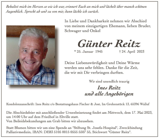 Traueranzeige von Günter Reitz von Wiesbadener Kurier