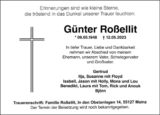 Traueranzeige von Günter Roßellit von Allgemeine Zeitung Mainz