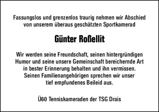 Traueranzeige von Günter Roßellit von Allgemeine Zeitung Mainz
