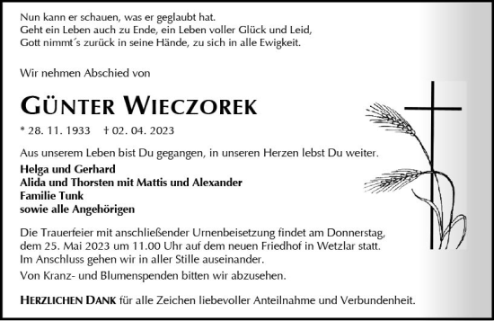 Traueranzeige von Günter Wieczorek von Wetzlarer Neue Zeitung
