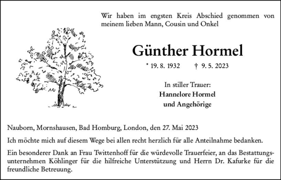 Traueranzeige von Günther Hormel von Wetzlarer Neue Zeitung