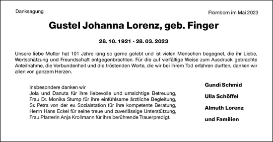 Traueranzeige von Gustel Johanna Lorenz von Allgemeine Zeitung Alzey