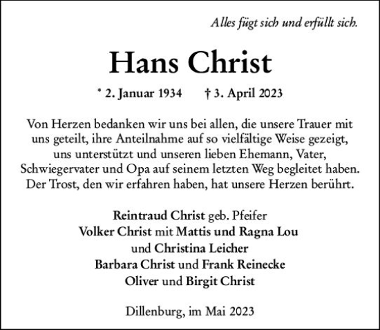 Traueranzeige von Hans Christ von Dill Block