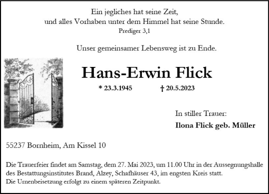 Traueranzeige von Hans-Erwin Flick von Allgemeine Zeitung Alzey