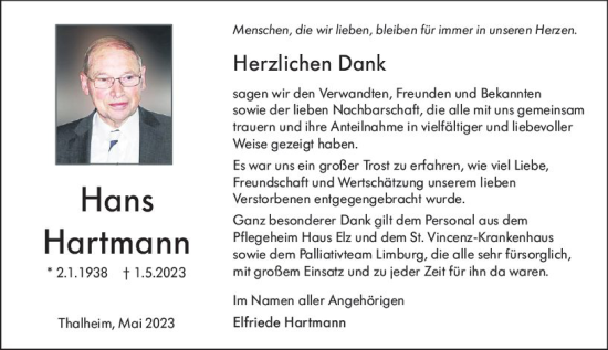 Traueranzeige von Hans Hartmann von Nassauische Neue Presse