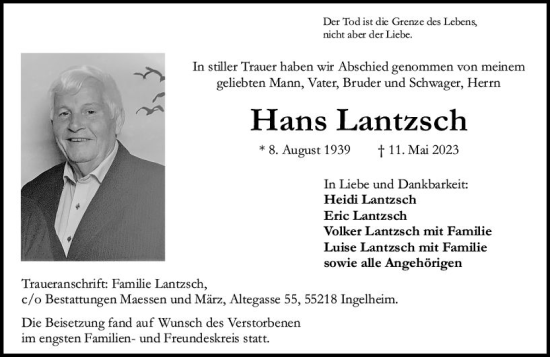 Traueranzeige von Hans Lantzsch von Allgemeine Zeitung Bingen/Ingelheim