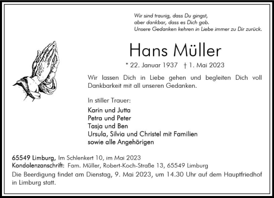 Traueranzeige von Hans Müller von Nassauische Neue Presse