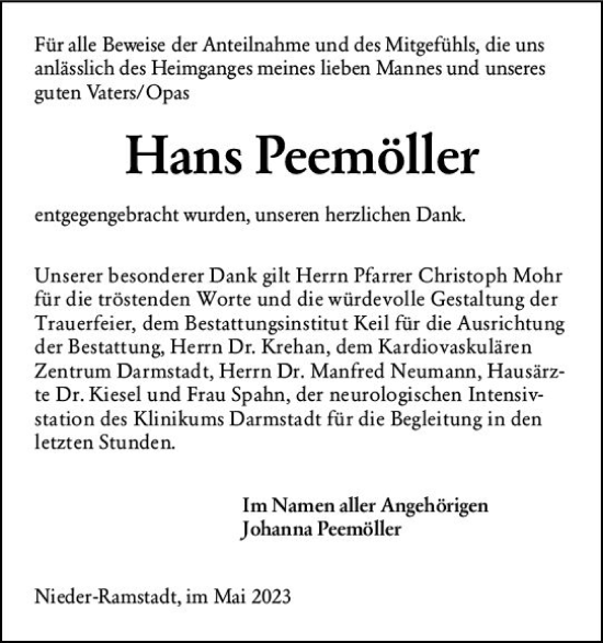 Traueranzeige von Hans Peemöller von Darmstädter Echo