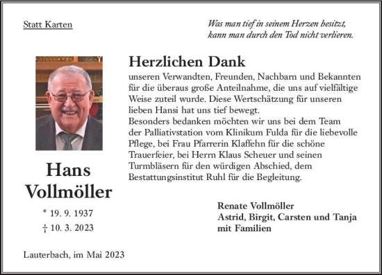 Traueranzeige von Hans Vollmöller von Oberhessen Kurier