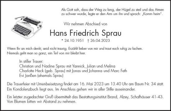 Traueranzeige von Hans Friedrich Sprau von Allgemeine Zeitung Alzey