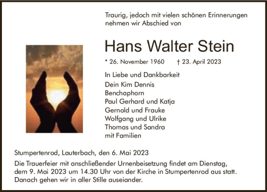 Traueranzeige von Hans Walter Stein von VRM Trauer