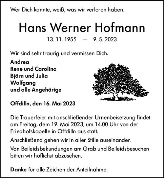 Traueranzeige von Hans Werner Hofmann von Dill Block
