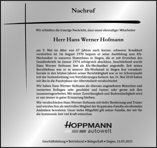 Traueranzeige von Hans Werner Hofmann von Dill Block