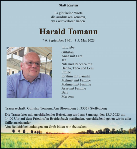 Traueranzeige von Harald Toman von Hinterländer Anzeiger