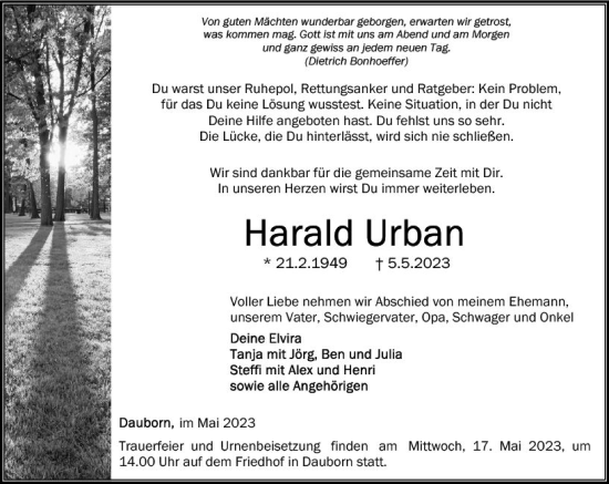 Traueranzeige von Harald Urban von Nassauische Neue Presse