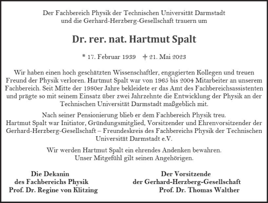 Traueranzeige von Hartmut Spalt von Darmstädter Echo