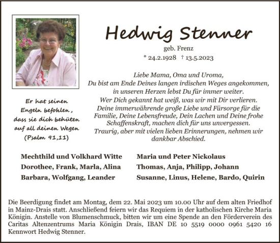 Traueranzeige von Hedwig Stenner von Allgemeine Zeitung Mainz