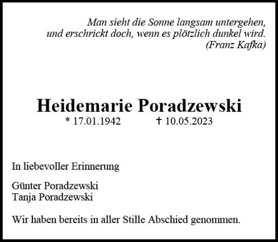 Traueranzeige von Heidemarie Poradzewski von Allgemeine Zeitung Mainz