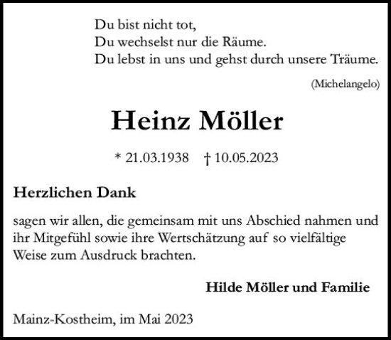 Traueranzeige von Heinz Möller von Allgemeine Zeitung Mainz