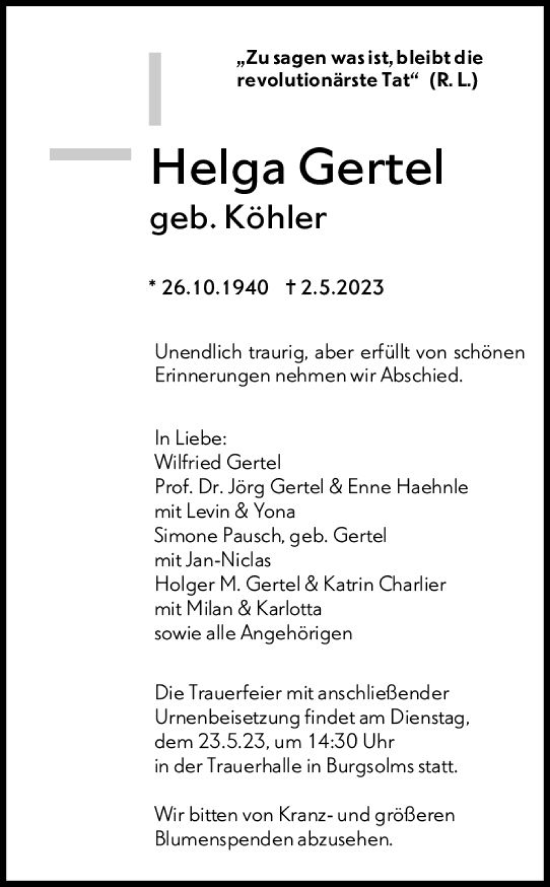 Traueranzeige von Helga Gertel von Wetzlarer Neue Zeitung