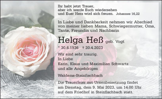 Traueranzeige von Helga Heß von Camberger Anzeiger
