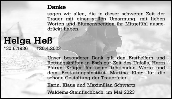 Traueranzeige von Helga Heß von Camberger Anzeiger