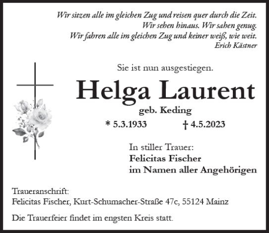 Traueranzeige von Helga Laurent von Wiesbadener Kurier