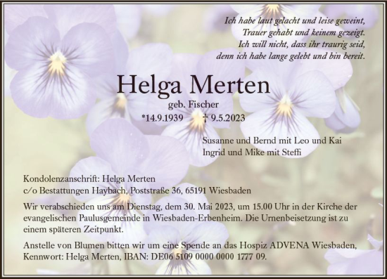 Traueranzeige von Helga Merten von Wiesbadener Kurier
