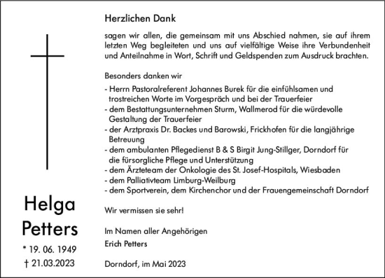 Traueranzeige von Helga Petters von Nassauische Neue Presse