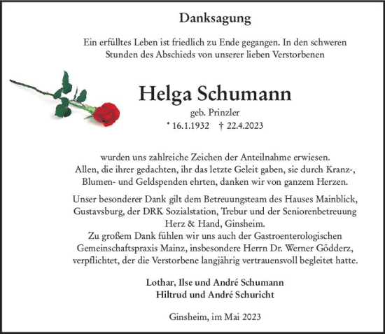 Traueranzeige von Helga Schumann von Allgemeine Zeitung Mainz