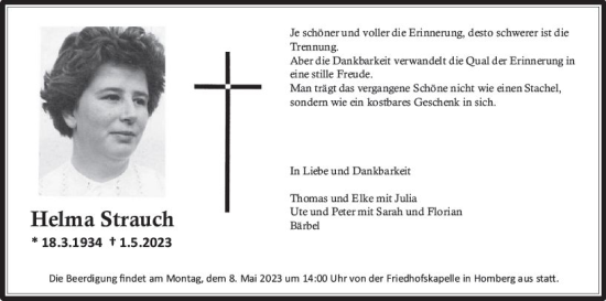 Traueranzeige von Helma Strauch von VRM Trauer