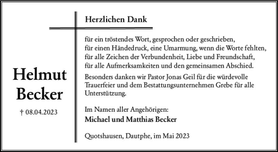 Traueranzeige von Helmut Becker von Hinterländer Anzeiger