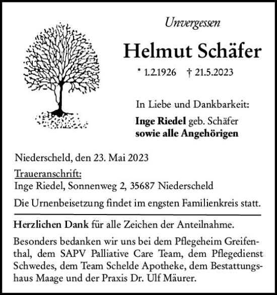 Traueranzeige von Helmut Schäfer von Dill Block