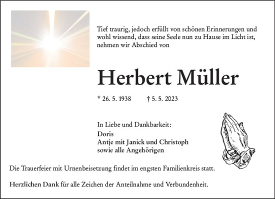 Traueranzeige von Herbert Müller von Wetzlarer Neue Zeitung